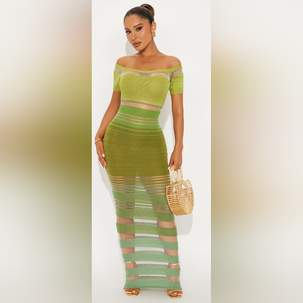 Fashion Nova Lime Green Striped Off-Shoulder Maxi Dress